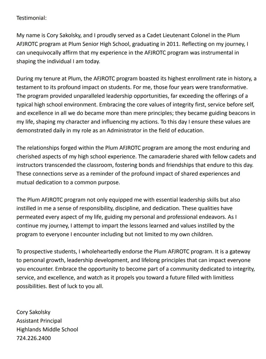 It is always a pleasure to share a Plum success story!  This is a JROTC testimonal, but I truly believe it takes a community! #plumproud <a href="/PBSDSuper/">Dr. Rick Walsh</a> <a href="/PBSDSuper/">Dr. Rick Walsh</a> <a href="/plumboroughsd/">Plum Borough SD</a> <a href="/PlumTeachers/">Plum Teachers</a> <a href="/StudentGovPlum/">Plum High Student Government</a> @PHSPSSO