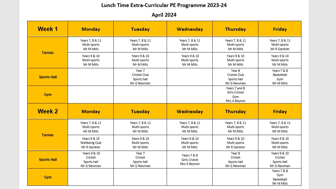 After Easter we will start our Summer Sport Clubs - Please find attached. Lunch time clubs: