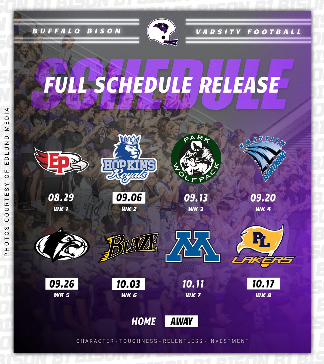 𝗥𝗘𝗟𝗘𝗔𝗦𝗘: Our 2024 schedule is... 𝗛𝗘𝗥𝗘! View this thread to see a closer look at the season ahead... 🧵 🟣🏈⚪️ #BisonBranded // #A11IN