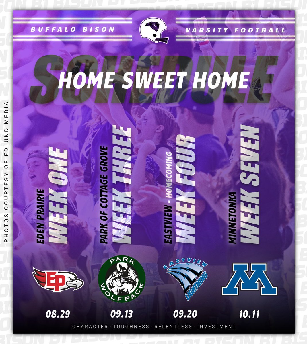 We will host 4️⃣ games at Bison Field West in 2024! 𝗡𝗢𝗧𝗘: Homecoming will be Week 4 vs. Eastview! 🟣🏈⚪️ #BisonBranded // #A11IN