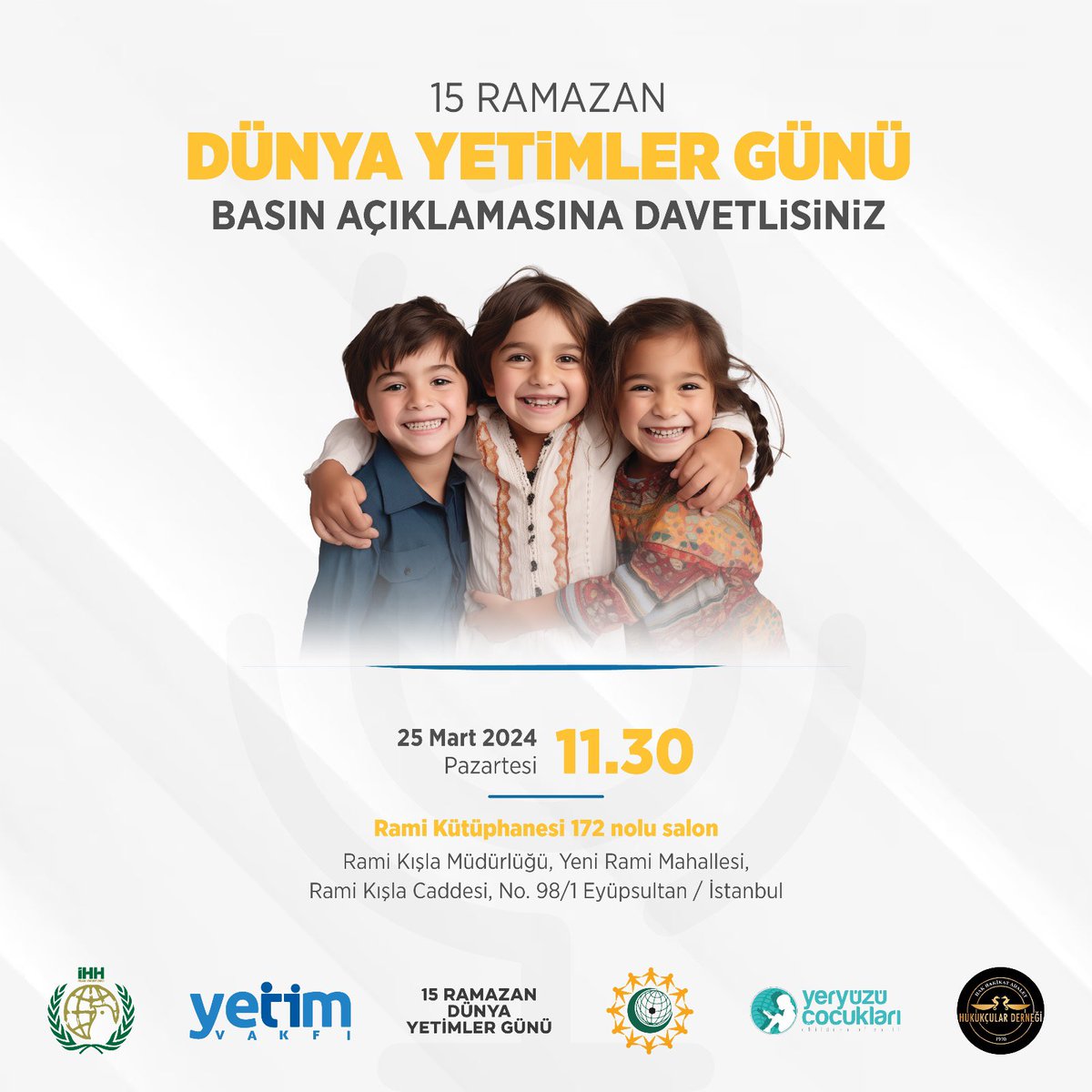 🗞️15 Ramazan Dünya Yetimler Günü münasebetiyle Çocuk Hakları Platformu olarak Gazze’de yapılan soykırımdan etkilenen çocuklar hakkında yapacağımız basın açıklamasına davetlisiniz. 🗓️ 25.03.2024 ⏰ 11.30 📍Rami Kütüphanesi 172 Nolu Salon