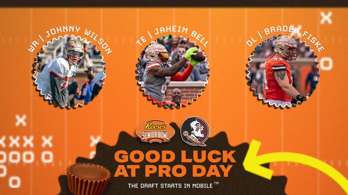 Good luck at #ProDay to our Senior Bowl alumni @FSUFootball WR @jjohnnywilson, TE @dba_bell, and DL @bradenfiske55 #NoleFamily | #KeepCLIMBing 😤 #TheDraftStartsInMOBILE™️