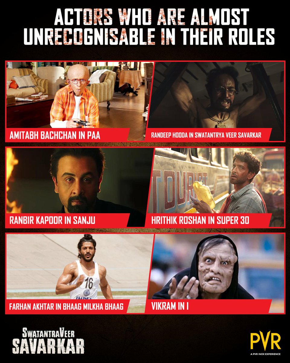 _PVRCinemas's tweet photo. These actors underwent drastic transformations and were almost unrecognizable in their roles! 🎬💯 Which actor nailed it?

#SwatantryaVeerSarvarkar now screening at PVR! 
Book now: https://t.co/WyiWtS0CBM

#RandeepHooda #AnkitaLokhande #AmitSial #RandeepHoodaFilms #VeerSarvarkar https://t.co/r5unW8shZX