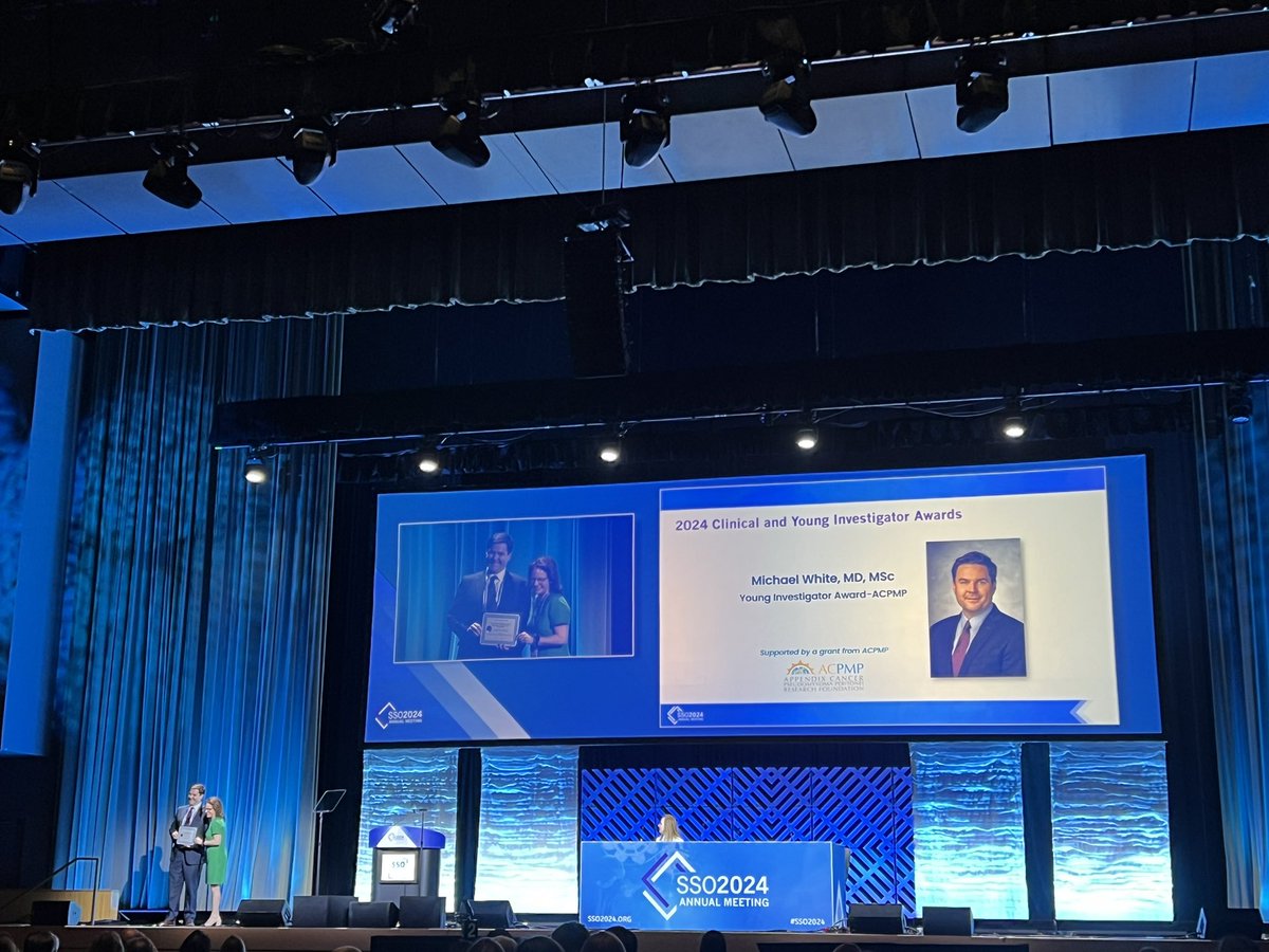 Congratulations to @MikeWhiteMD at @MDAndersonNews for the @SocSurgOnc @acpmpresearch Young Investigator Award presented by @cvangelesMD. #sso2024 #oncsurgery