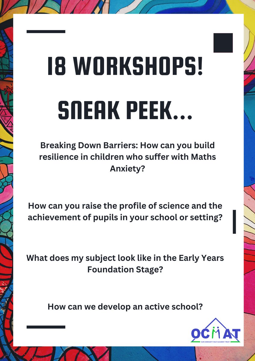 OCMATtrust's tweet photo. 🌟Curriculum Conference📷 We are delighted to unveil a snippet of the workshops running at our upcoming Conference! Calling senior leaders & teachers - only 20 external spots left! Secure yours now. Email pa@ocmat.org.uk for more info.#CurriculumConference #Education #teamOCMAT https://t.co/wMAiwmiDAc
