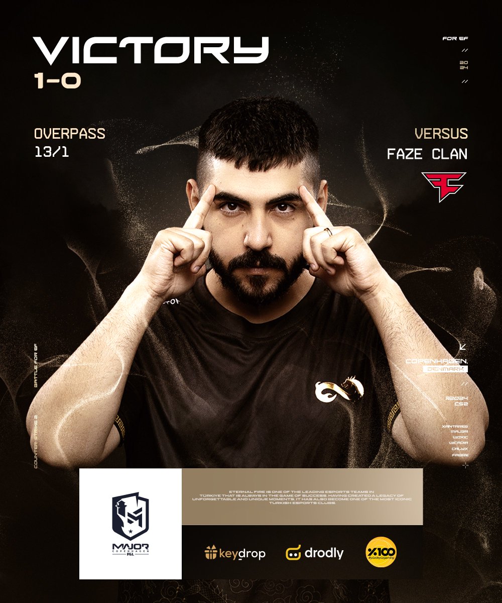 REVENGE! 👊🏻

PGL Major Copenhagen 2024 Elimination Stage Round 3 karşılaşmamızda FaZe Clan ekibine karşı 1-0 skorla galibiyet alıyoruz! 🔥

⚔️ #battleforEF #forEF #yüzdeyüzgaming