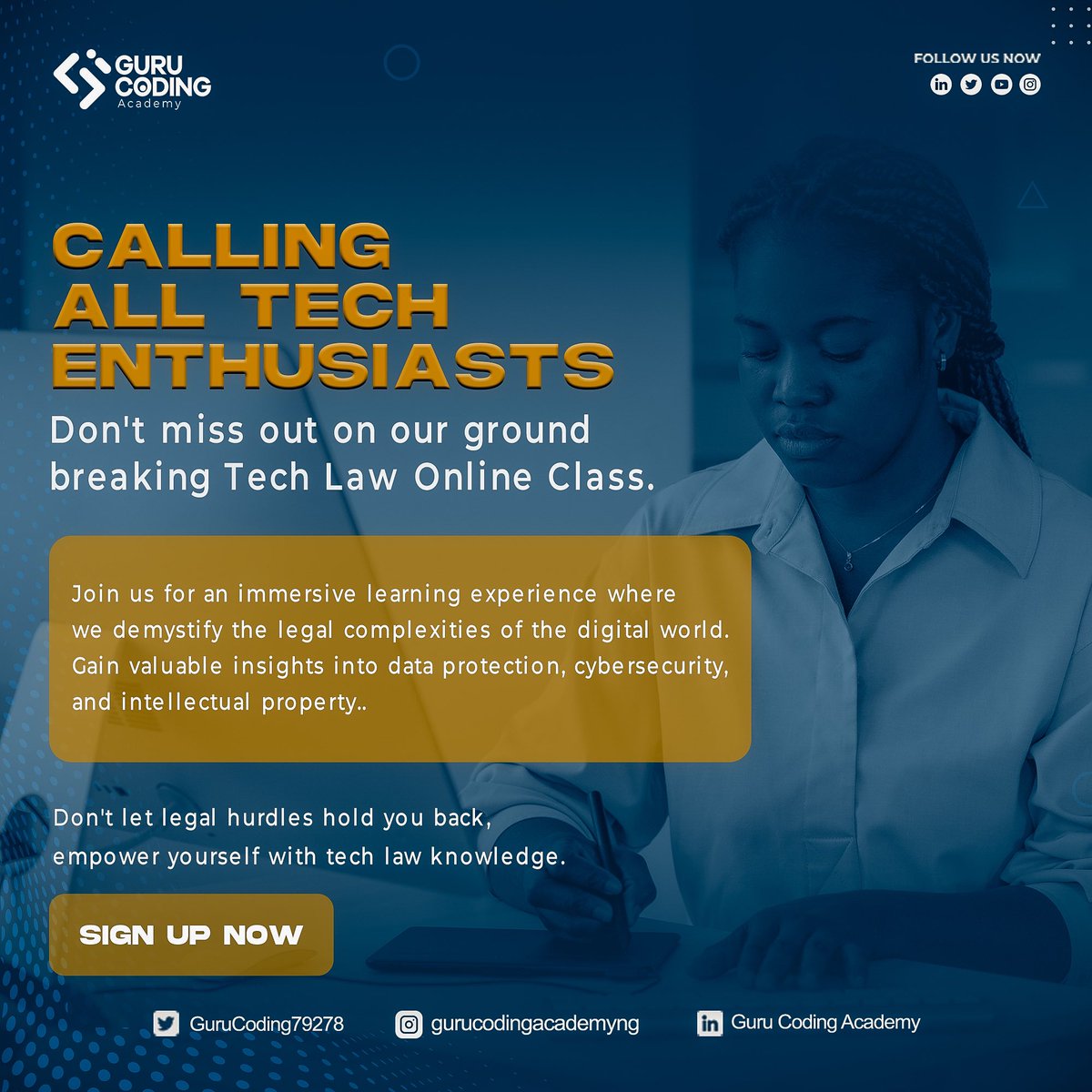 GuruCoding79278's tweet image. Don’t miss our groundbreaking Tech Law Online Class! Join us for an immersive learning experience of the digital world. Sign up now #TechLaw #OnlineClass #gurucodingacademy