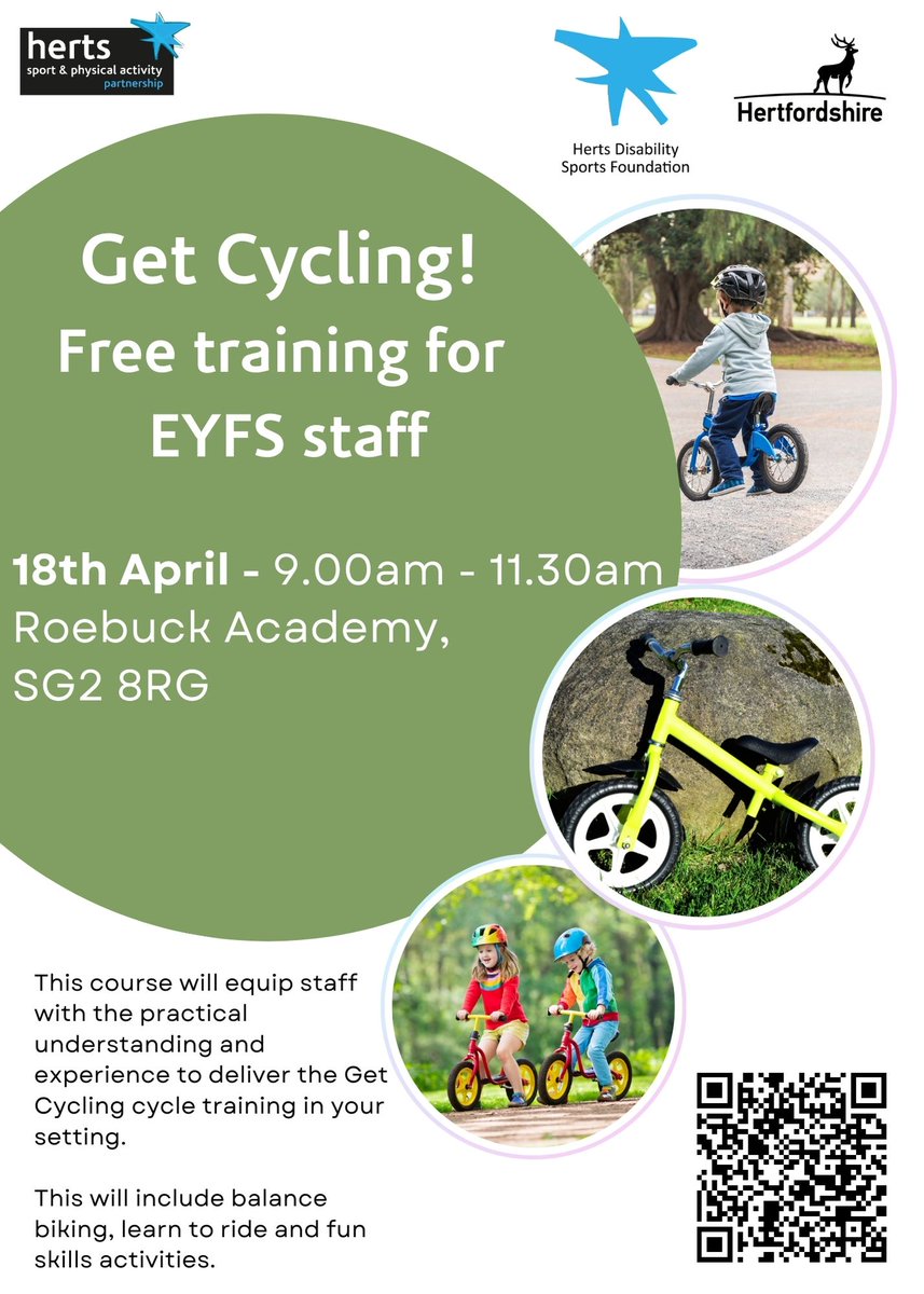 Calling all school staff in or near #Stevenage! Join us for FREE Get Cycling training on the 18th April🚲. This course will equip you to deliver cycle training in your school, covering balance biking, learn-to-ride, and fun skill activities. Don't miss out! Scan the QR code⬇️