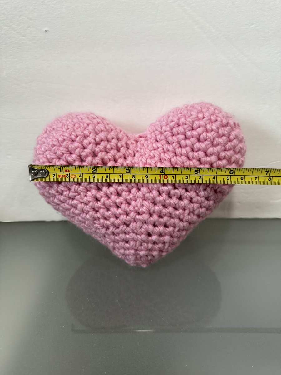 The measurements for the #pink #stuffed #heart using the #free #crochet #pattern WITH my changes. #free #crochet #pattern on my website. #kittyskreationsboutique #handmade #diy #hobby #craft #freecrochet #freecrochetpattern #plush #pillow #heartpillow #decor #homedecor #velvet