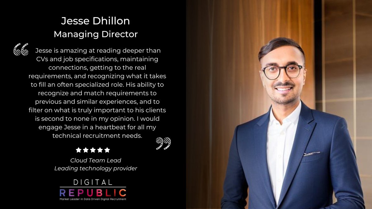 DRepublicUK's tweet photo. Excited to receive great #feedback for our MD, Jesse Dhillon! At DRT, we're dedicated to empowering clients globally. Explore more #testimonials and see how we can help your team grow!👉https://t.co/ONfIVcuMZx

#Recruitment #Hiring #DigitalTalent #Cloud #DevOps #Digital #Talent https://t.co/lXsTMFXDYX