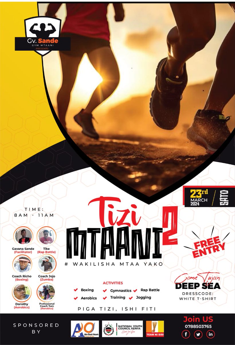 Tomorrow, NYC will be taking part in the second edition of Tizi Mtaani with an array of activities lined up, including boxing, aerobics, gymnastics, training sessions, rap battles, and jogging. The venue for this exciting event is set at Deep Sea, Westlands. 📍Entry is free!