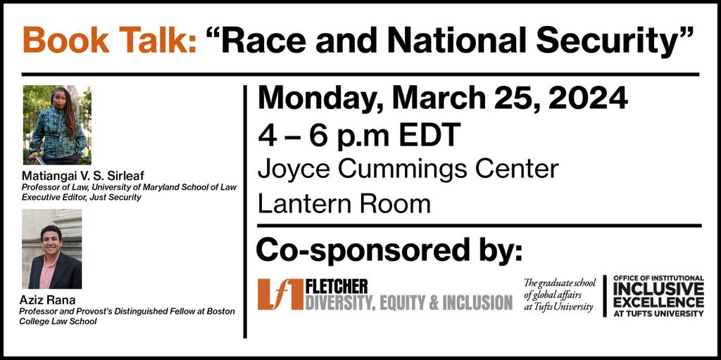 @tomdannenbaum @FletcherSchool There are both in person and virtual options for folks to join Aziz Rana and I in conversation on Race & National Security on 3.25.24 from 4pm - 6pm EST. To register for remote attendance go here: tufts.zoom.us/meeting/regist… In person: forms.monday.com/forms/98ad45db… Thanks so much!