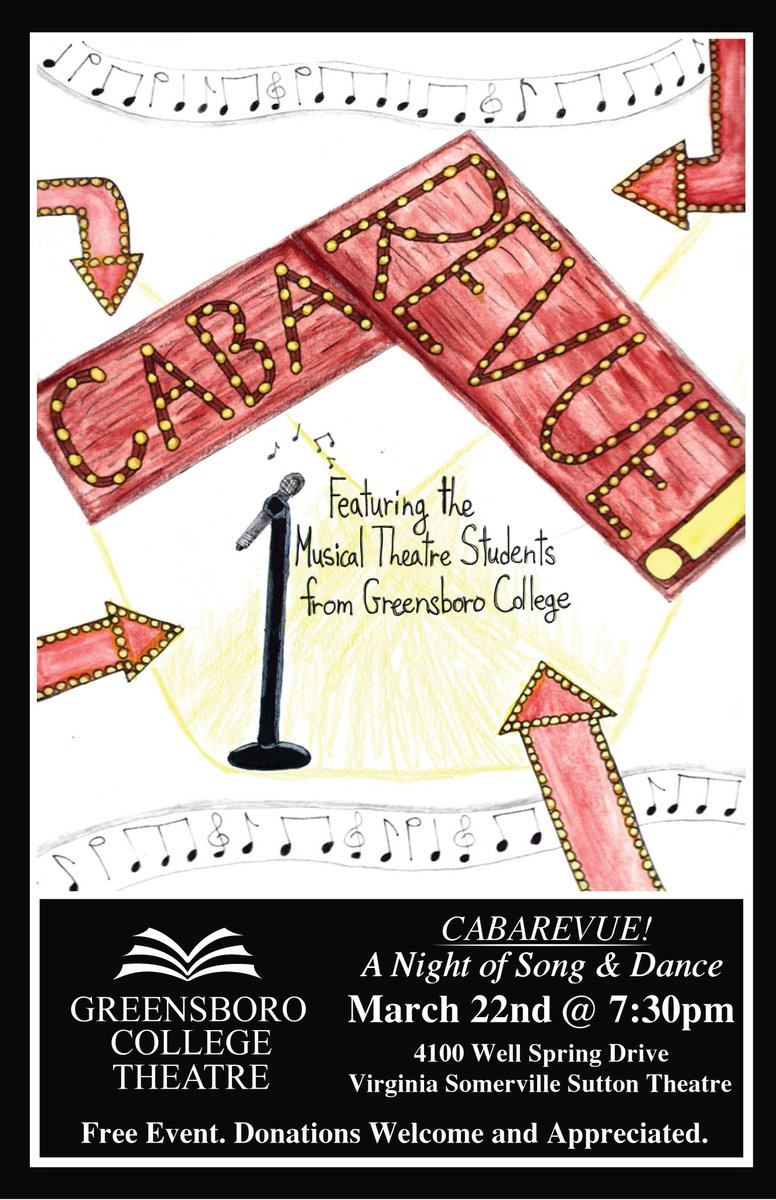 ⭐ One night only, GC Community⭐ At 7:30 p.m. tonight, the Greensboro College Theatre Dept. will be presenting the show, 'Cabarevue,' at the Virginia Somerville Sutton Theatre at Well-Spring Community! Come out tonight to hear and see our talented students perform! 🎤🎭🎹