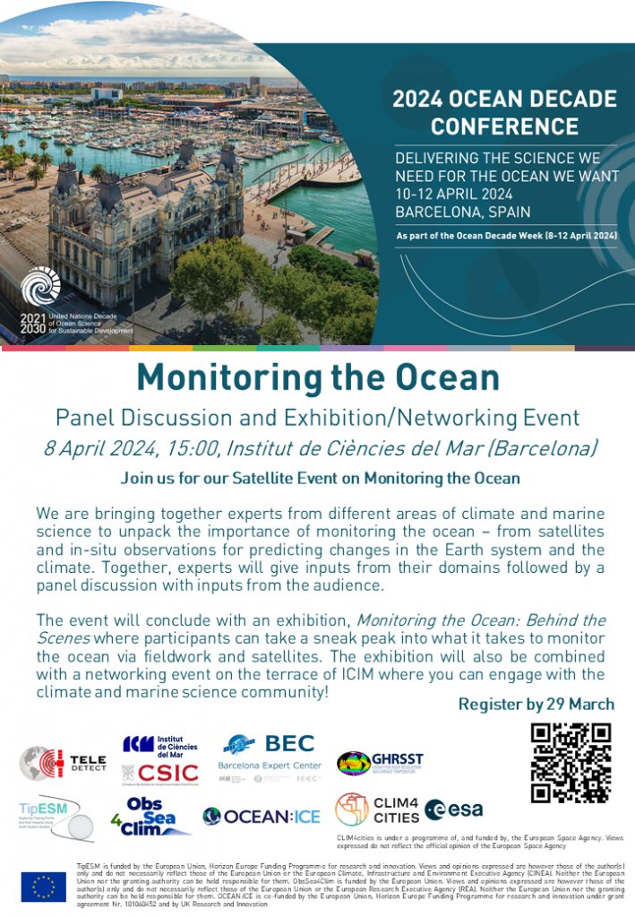 📢UN Ocean Decade Conference Barcelona 2024 MONITORING THE OCEAN ℹ️Panel Discussion and Exhibition/Networking Event 📆8 April 2024 15:00 @ICMCSIC Join us for our Satellite Event on Monitoring the Ocean Register for the event here by 29 March 2024👇 pti-teledetect.csic.es/2024/03/22/mon…