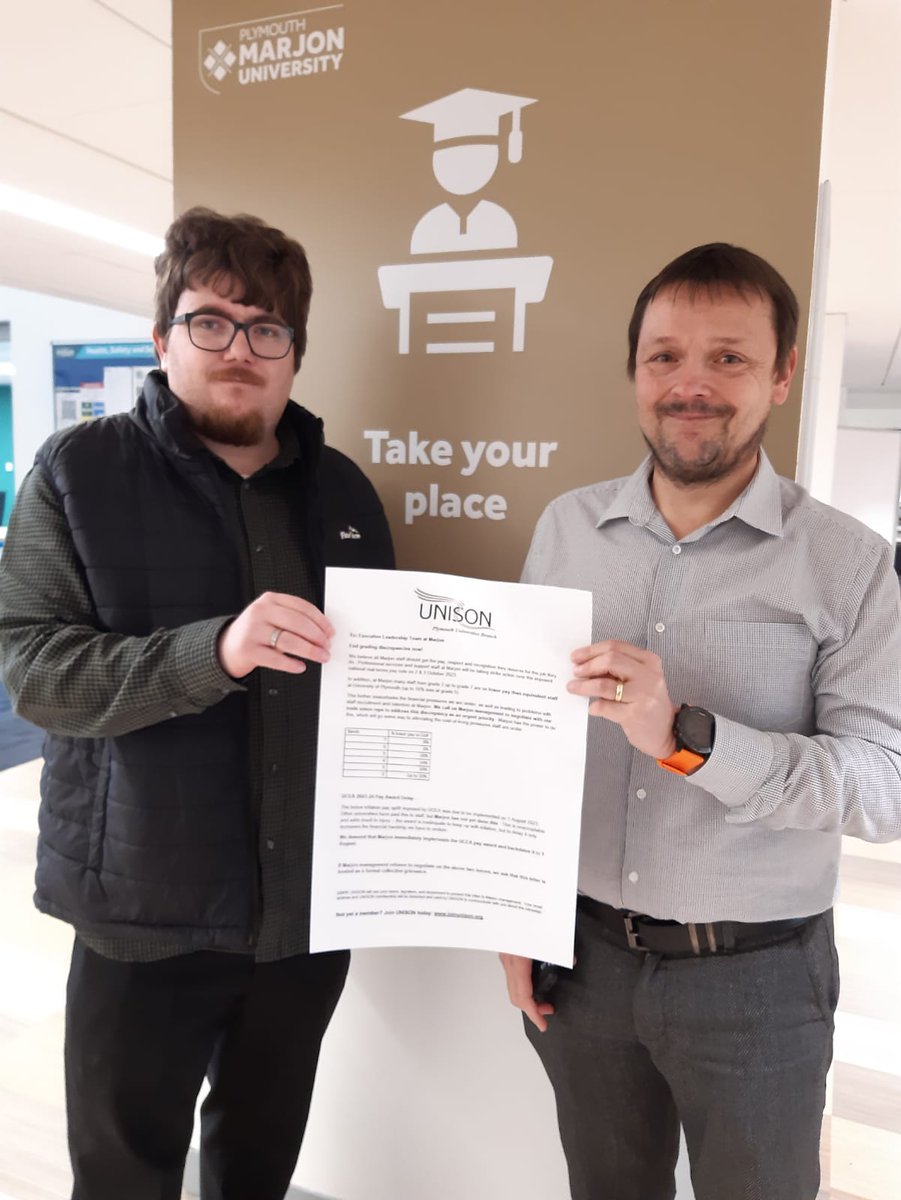 UoPUnison's tweet photo. Scott &amp; Ian, @UoPUnison Chair &amp; Secretary + reps at @marjonuni today presented a petition signed by over 80 professional services staff to the VC &amp; Chair of Governors. Demanding action to address pay gaps compared to local universities &amp; calling for respect, recognition, &amp; reward https://t.co/0TDAo4kOFa