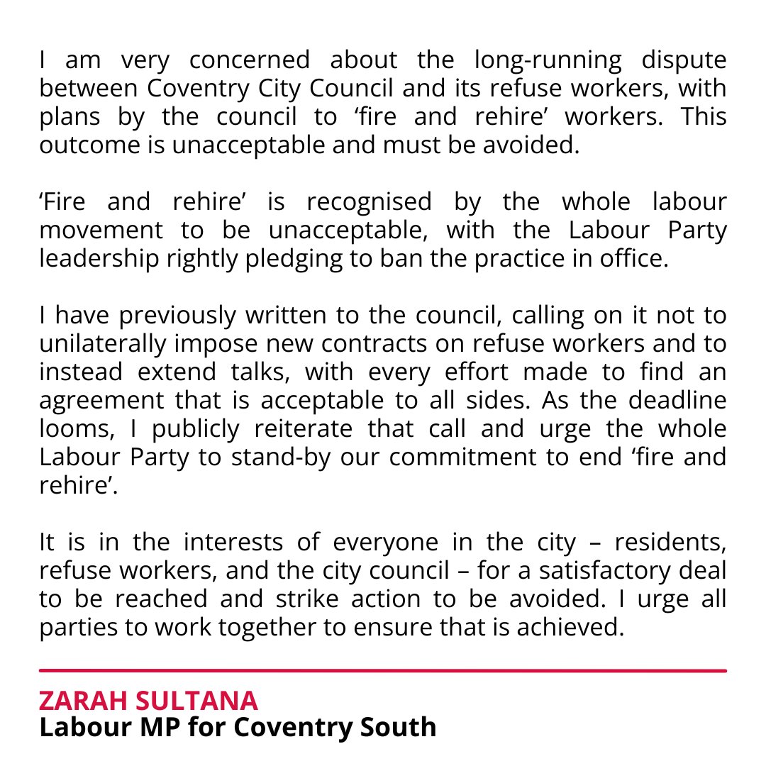 I am very concerned about the long-running dispute between Coventry City Council and its refuse workers, with plans by the council to ‘fire and rehire’ workers. This outcome is unacceptable and must be avoided. My statement: