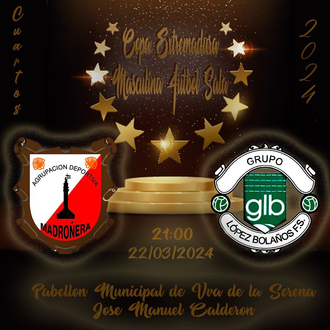GrupoLopezBolañosFS (@grupolopez14) on Twitter photo Temporada 23/24
Copa de Extremadura
Cuartos de Final
⚔️ <a href="/ADMadroneraFS/">Ad Madroñera Fs</a> - <a href="/grupolopez14/">GrupoLopezBolañosFS</a>
📅 Viernes 22 de Marzo
🕘 21:00 horas
🏟️ Pabellón Municipal “Jose Manuel Calderón” (Villanueva de la Serena)
#lacopamola🏆⚽️
#123👼🏻2💫🤍🖤❤️ Temporada 23/24
Copa de Extremadura
Cuartos de Final
⚔️ <a href="/ADMadroneraFS/">Ad Madroñera Fs</a> - <a href="/grupolopez14/">GrupoLopezBolañosFS</a>
📅 Viernes 22 de Marzo
🕘 21:00 horas
🏟️ Pabellón Municipal “Jose Manuel Calderón” (Villanueva de la Serena)
#lacopamola🏆⚽️
#123👼🏻2💫🤍🖤❤️