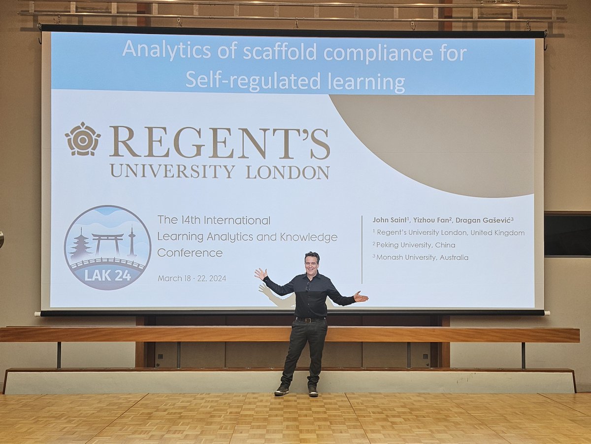 JSaintUK's tweet photo. I was delighted to present our Learning Analytics research at #lak24 in Kyoto. Big thanks to my co-authors @yizhou_fan and @dgasevic  for a brilliant collaboration. I must also express my enormous gratitude to @regentsuni for their ongoing  support of my research. https://t.co/jH3gFirquu