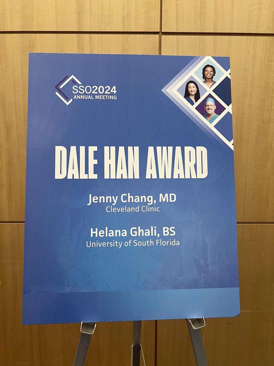 Congratulations 🎉 to Jenny Chang, MD and Helana Ghali, BS on winning the Dale Han, MD Award #SSO2024 Thank you 🙏🏼 to the Sentinel Lymph Node Working Group and @SocSurgOnc for their support of this annual event.