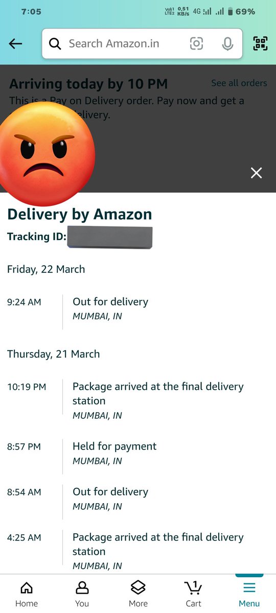 ImVinod529's tweet image. Maine 20 March ko ek product order kiya tha 1 din me deliver hona tha par ab tak delivery nhi hua h. 1 Day delivered ka 99 extra charge kiya h fir bhi itna late. 21 March ko Delivery man ko call kiya usne bataya 1 hours me aapka product mil jayega lekin..... 1/2