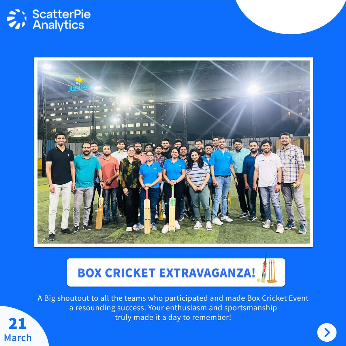 WeAreScatterPie's tweet photo. Recap: Yesterday's Box Cricket Extravaganza! 🏏🎉

A big shoutout to all the teams who participated and made Box Cricket Event a resounding success. 🙌

#ScatterpieAnalytics #BoxCricket #TeamSpirit #FunTimes #EventRecap https://t.co/A5iGQFY0D3