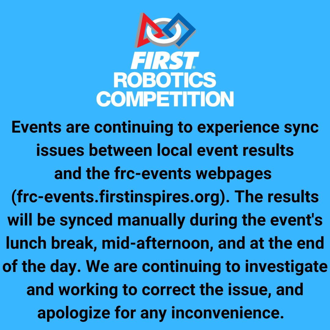 Events are continuing to experience sync issues between local event results and frc-events.firstinspires.org. The results will be synced manually during the event's lunch break, mid-afternoon, & end of the day. We are working to correct the issue, and apologize for any inconvenience.
