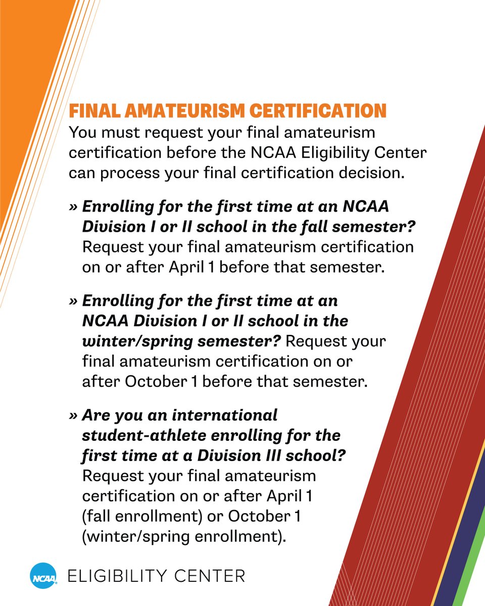 🚨 ONE WEEK 🚨
Starting April 1 fall enrollees can request their final amateurism certification. This must be done before you're eligible to compete at an <a href="/NCAA/">NCAA</a> DI or <a href="/NCAADII/">NCAA Division II</a> school.

 🔗 on.ncaa.com/AmatCert