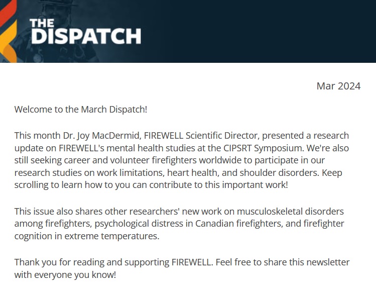 The March Dispatch has dropped ⬇️⬇️⬇️ ✅ #FIREWELLResearch: mental health, work limitations, cardiac events, shoulder disorders ✅ other researchers' findings on: mental health, bone & joint disorders, cognitive functioning READ: mailchi.mp/3a779f8757f2/f…