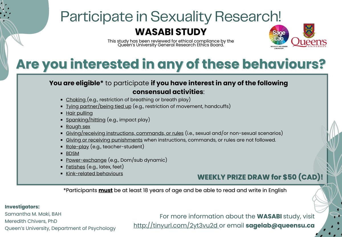 Dr. Meredith L. Chivers (@drmlchivers) on Twitter photo New <a href="/QSageLab/">SageLab</a> study recruiting adults (18+) of all genders for an online sexuality study! Prize draws available. Visit tinyurl.com/2yt3vu2d or contact sagelab@queensu.ca for more details. <a href="/samantha_mmaki/">Samantha M. Maki 🏳️🌈</a> New <a href="/QSageLab/">SageLab</a> study recruiting adults (18+) of all genders for an online sexuality study! Prize draws available. Visit tinyurl.com/2yt3vu2d or contact sagelab@queensu.ca for more details. <a href="/samantha_mmaki/">Samantha M. Maki 🏳️🌈</a>