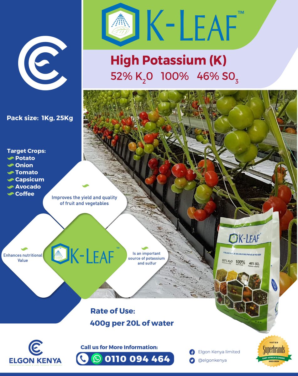 𝐊-𝐋𝐞𝐚𝐟 is a fast dissolving, highly soluble potassium (K) booster for foliar application, for yield and crop quality improvement. 𝐓𝐚𝐫𝐠𝐞𝐭 𝐂𝐫𝐨𝐩𝐬: Potato, Onion, Tomato, Capsicum, Avocado and Coffee Call us on 0110 094 464 to order today. #kleaf #foliarfertilizer