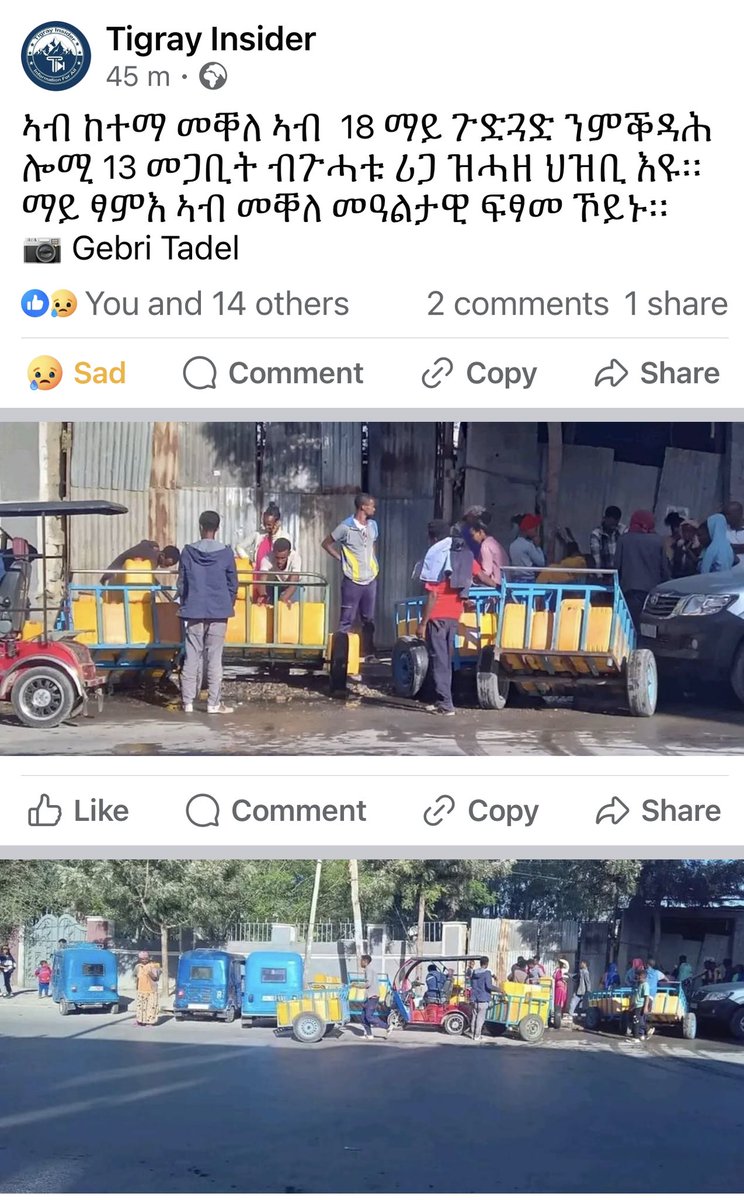 Due to daily water scarcity in Mekelle, people queued at 18 city wells this morning. The city is home to over half a million people and more than a million #IDPs. #Justice4TigrayGenocide #UpholdPretoriaAgreement #G7 #HumanRights #HumanRightsDay2024 facebook.com/share/8EYDBapF