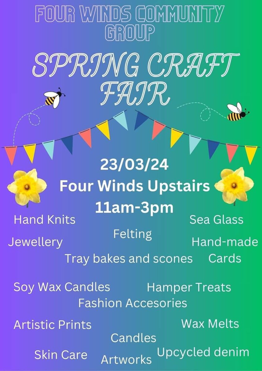 It’s officially Spring when the Spring Fairs start! 🌻 Community events taking place tomorrow: @friendsoffield Open Day 📍Lower Botanic Community Gardens ⏰ 11am - 3pm Four Winds Community Group Spring Crafts Fair 📍@THE_FOURWINDS ⏰ 11am - 3pm