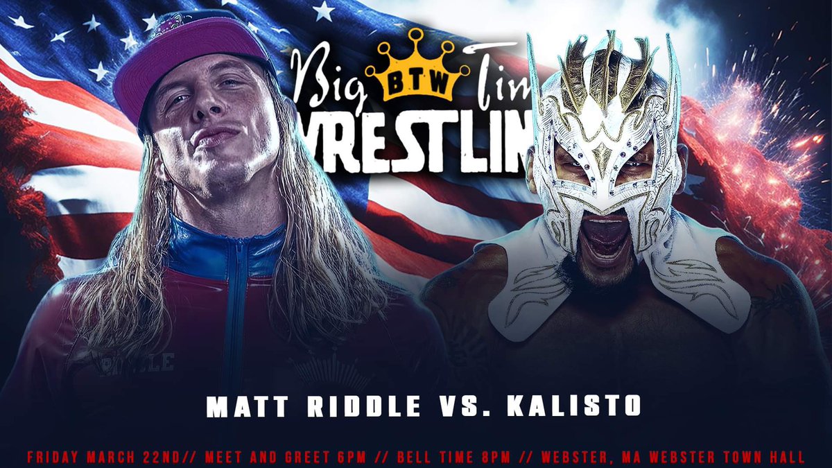 TONIGHT! Main Event! Webster, Ma! @SuperKingofBros vs @gloat Two of the best in the world come to #BigTimeWrestling tonight in Webster, Ma! Who wins this first time ever battle between the King of Bros and the GLOAT? Don’t Miss It! Tickets available at the door! #BTWwebster