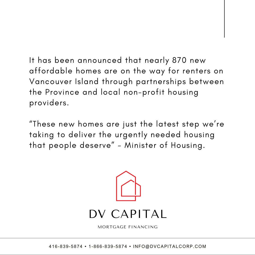 dvcapital_'s tweet photo. It has been announced that nearly 870 new affordable homes are on the way for renters on Vancouver Island through partnerships between the Province and local non-profit housing providers. 

#canadianrealestate #vancouverisland #bchousing #buildingbc #affordablehousing https://t.co/uzlpmloiSP