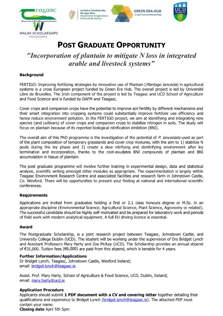 🥁🥁📢Funded PhD to work on reducing N loss in integrated cropping and livestock systems with Plantain as a NBS📢 come study in a joint programme between ⁦<a href="/teagasc/">Teagasc</a>⁩ and ⁦<a href="/ucdagfood/">UCD School Ag & Food</a>⁩ closes April 5th ⬇️