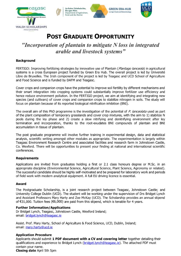 🥁🥁📢Funded PhD to work on reducing N loss in integrated cropping and livestock systems with Plantain as a NBS📢 come study in a joint programme between ⁦@teagasc⁩ and ⁦@ucdagfood⁩ closes April 5th ⬇️