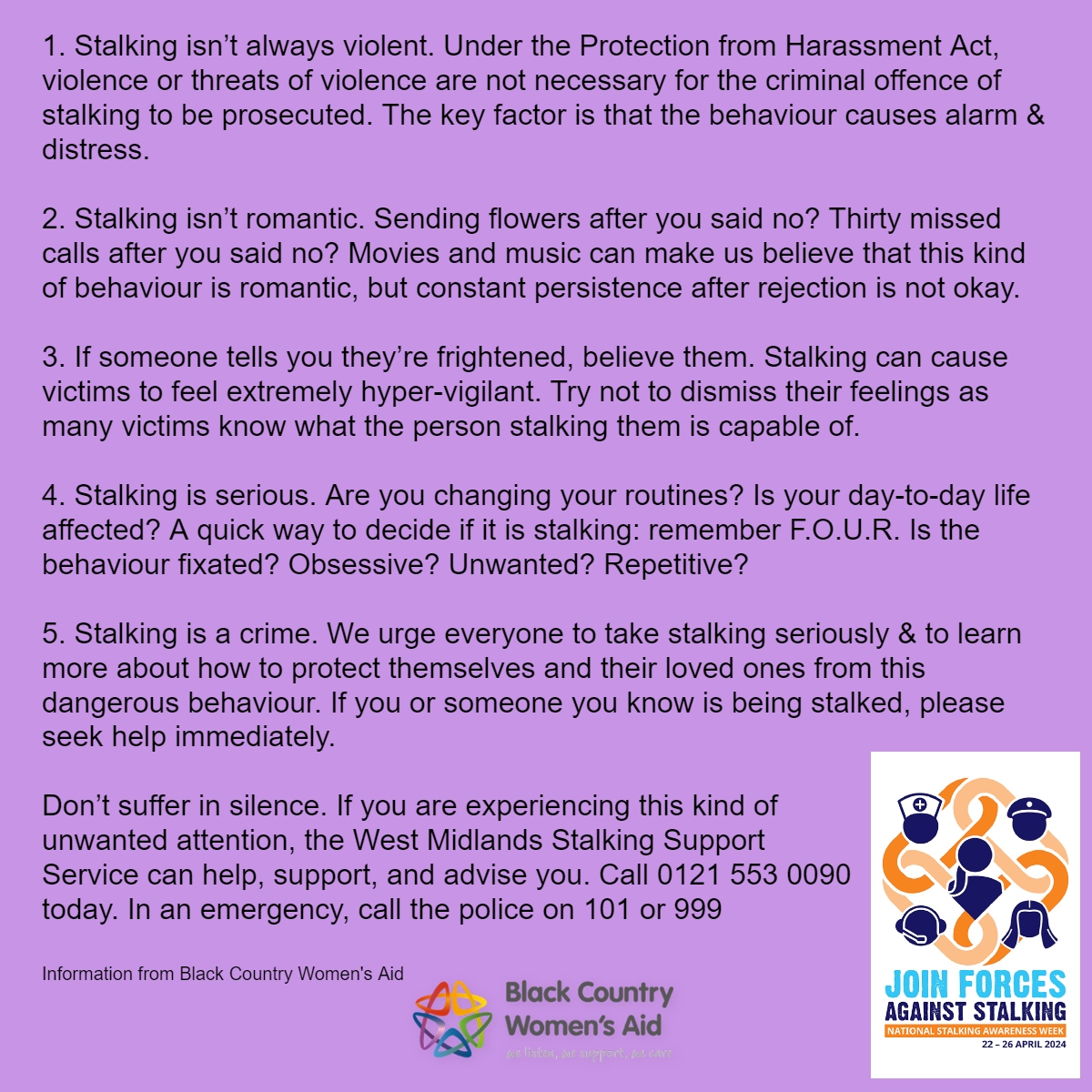 #StalkingAwarenessWeek (24th and 28th April) is a national campaign raising awareness about stalking & the dire effects it can have on victims. Visit blackcountrywomensaid.co.uk/services/stalk… more information @BCWomensAid