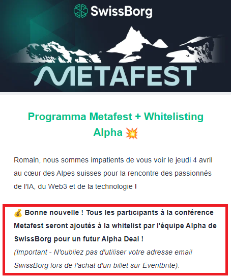 RomainSprengers's tweet photo. [ Mail #SwissBorg du 22.03.24 / $BORG ]
🏔️Tous les participants à la conférence #Metafest seront ajoutés à la #Whitelist par l'équipe Alpha de SwissBorg pour un futur Alpha Deal !

⚠️Important : 
N'oubliez pas d'utiliser votre adresse E-mail SwissBorg lors de l'achat d'un billet sur Eventbrite