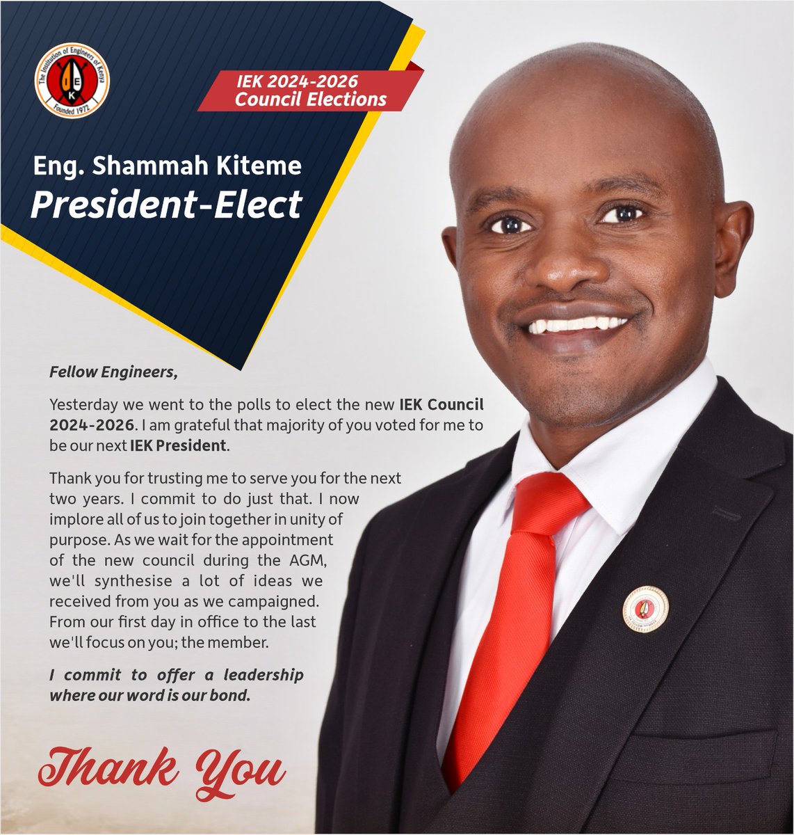 We delivered the mandate. The lobbying was tight. But #LEAPintotheFuture carried the day. Godspeed my friend Eng. @shammahkiteme. Congratulations! #IEKElections2024 #IEKDecides2024 @jameskurrent @jameskarori @cedricobonyo @chrismaina77 @gachejenny @floeKamanja…