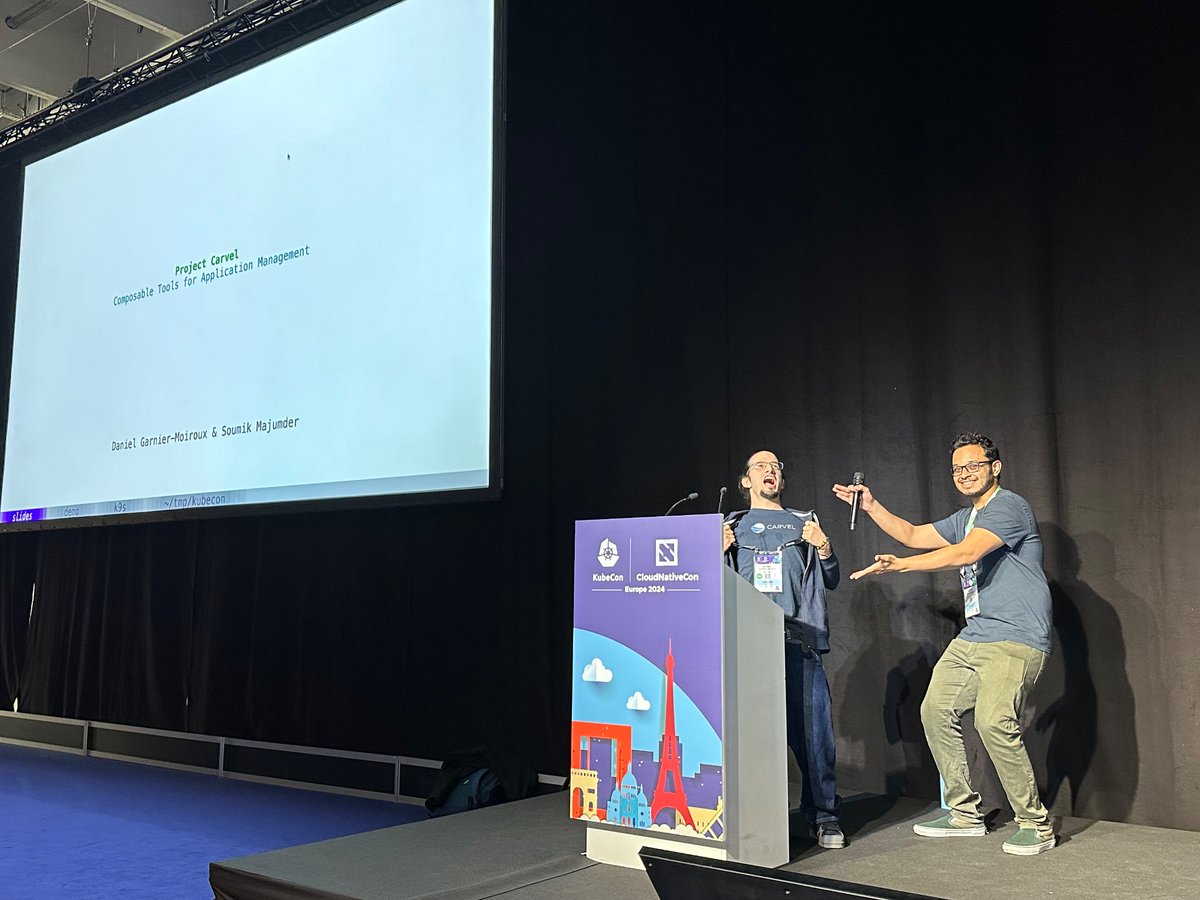 Now on stage @_100mik_ and @kehrlann introducing @carvel_dev, a CNCF Sandbox project providing a suite of tools for Kubernetes-native package management, safe deployments, and advanced configuration. #KubeCon