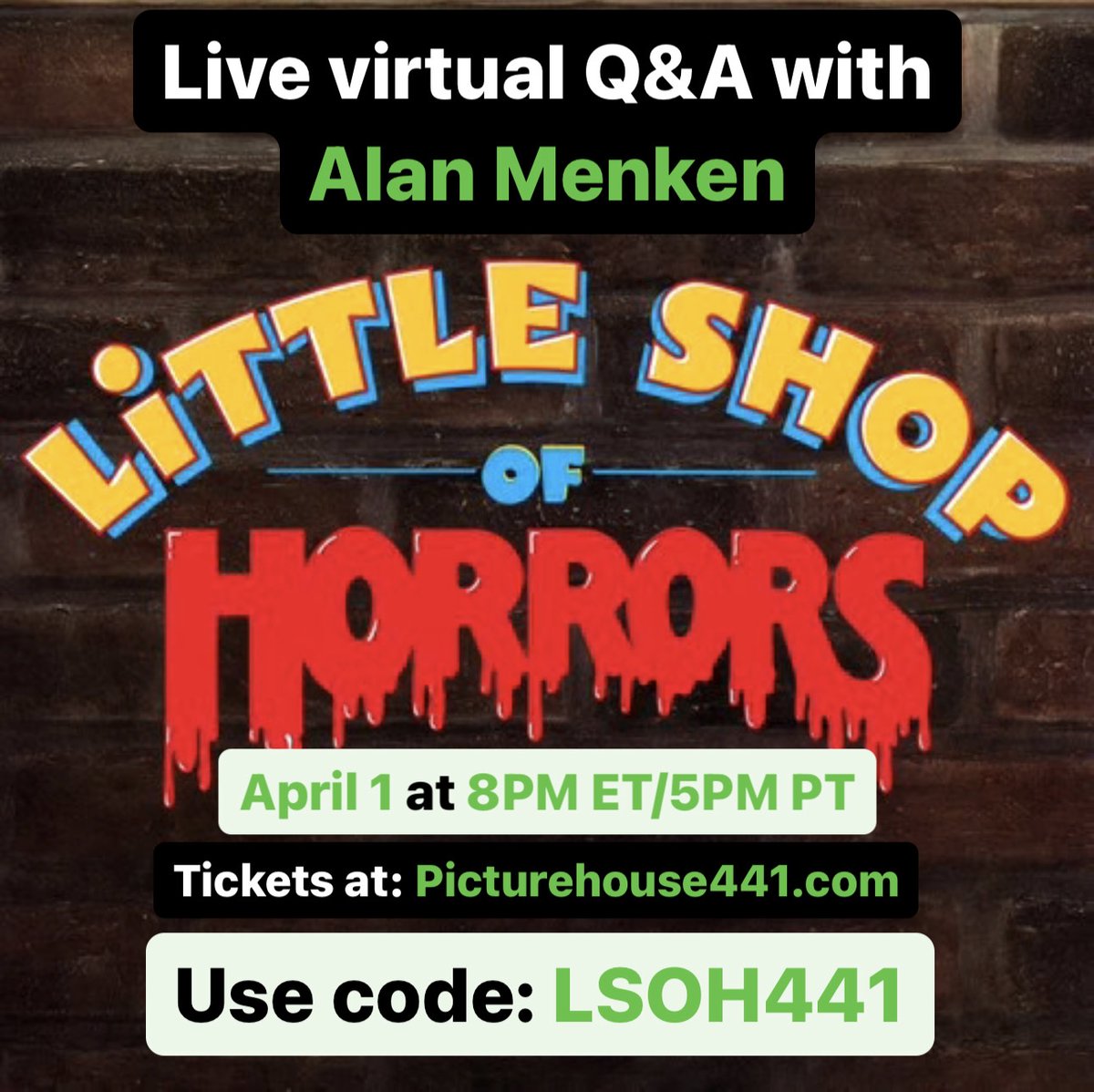Look out, look out! On the first day of the month of April (April 1 at 8PM ET/5PM PT), I'll be live on Zoom Webinar exploring the process of adapting LITTLE SHOP OF HORRORS for the screen with @picturehouse441! Get discounted tickets with code LSOH441 at picturehouse441.com/event/littlesh…