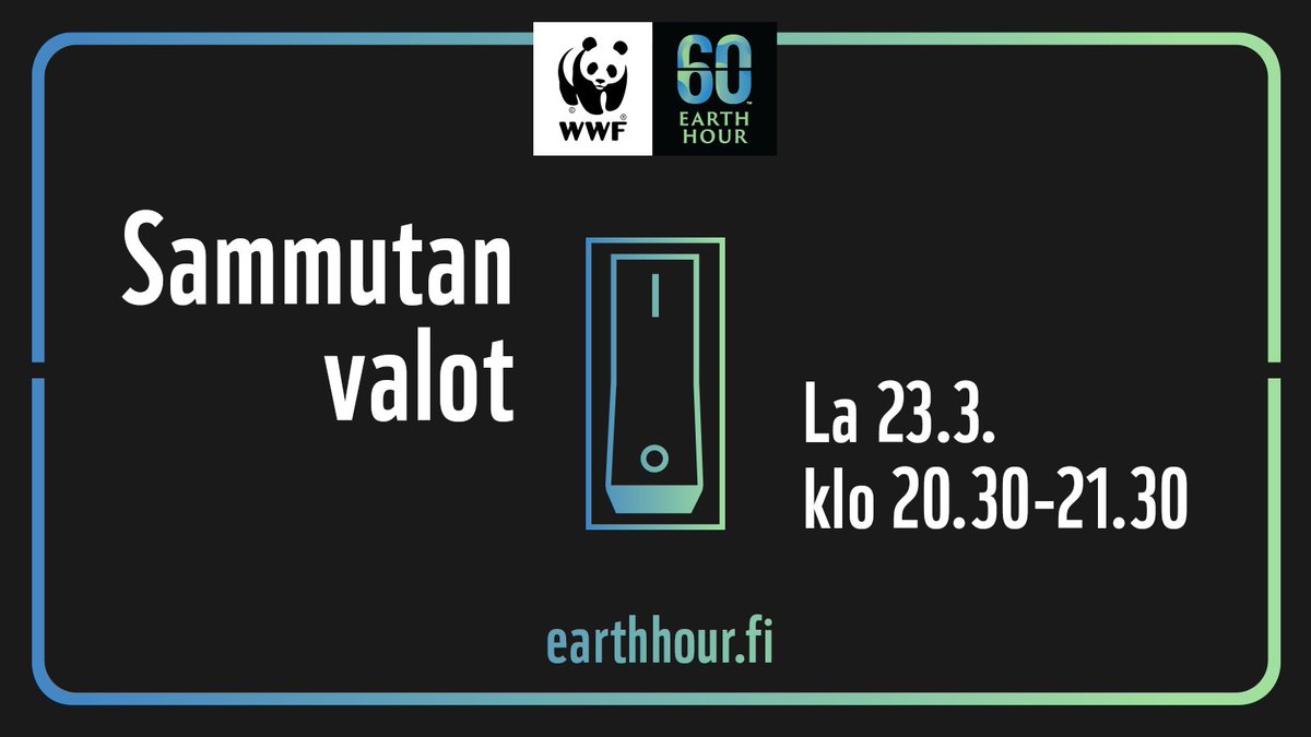 Huomenna vietetään maailman suurinta ympäristötapahtumaa, WWF:n #EarthHour. Olethan sinäkin mukana näyttämässä valomerkkiä luonnon ja ilmaston puolesta? Earth Hourissa kannustamme kaikkia antamaan tunnin luonnolle. Sen voit tehdä osoitteessa earthhour.fi