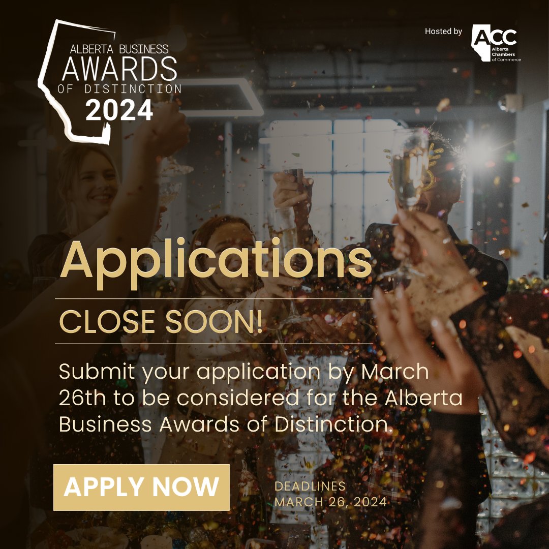 Attention Alberta businesses!⏰ The deadline to submit your application to the Alberta Business Awards of Distinction is fast approaching. Complete your application by March 26th! Apply now: abbusinessawards.com #abbiz #AlbertaAwards #BusinessExcellence #Entrepreneurs
