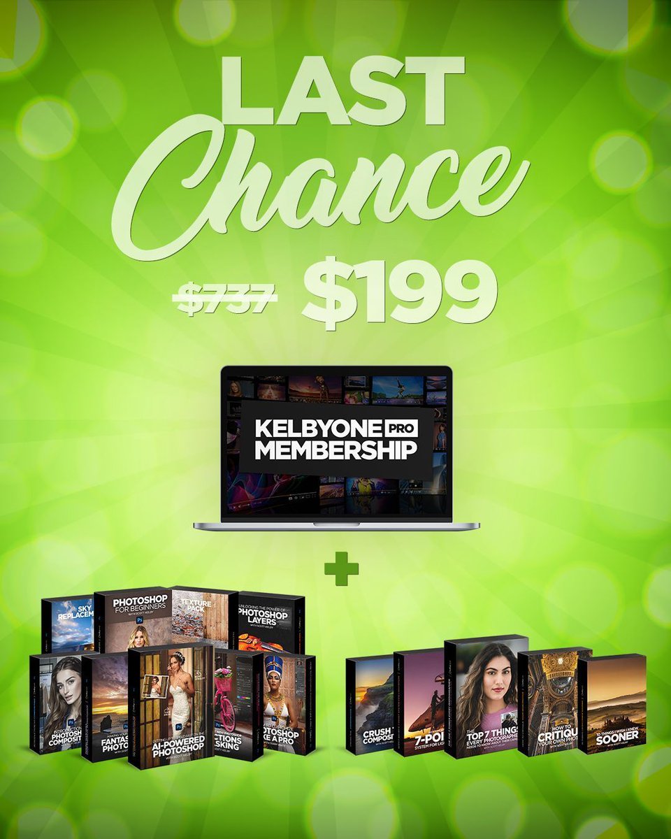⏰ Last chance alert! Our spring sale ends tonight! 🌸 Did you get in on it? Don't miss out – grab a 1-year KelbyOne Pro membership, the Ultimate Photoshop Bundle, and the Photographer's Fast Track for just $199 before it's too late! 💫 📸 👉 kelbyone.com/photoshop-offe…