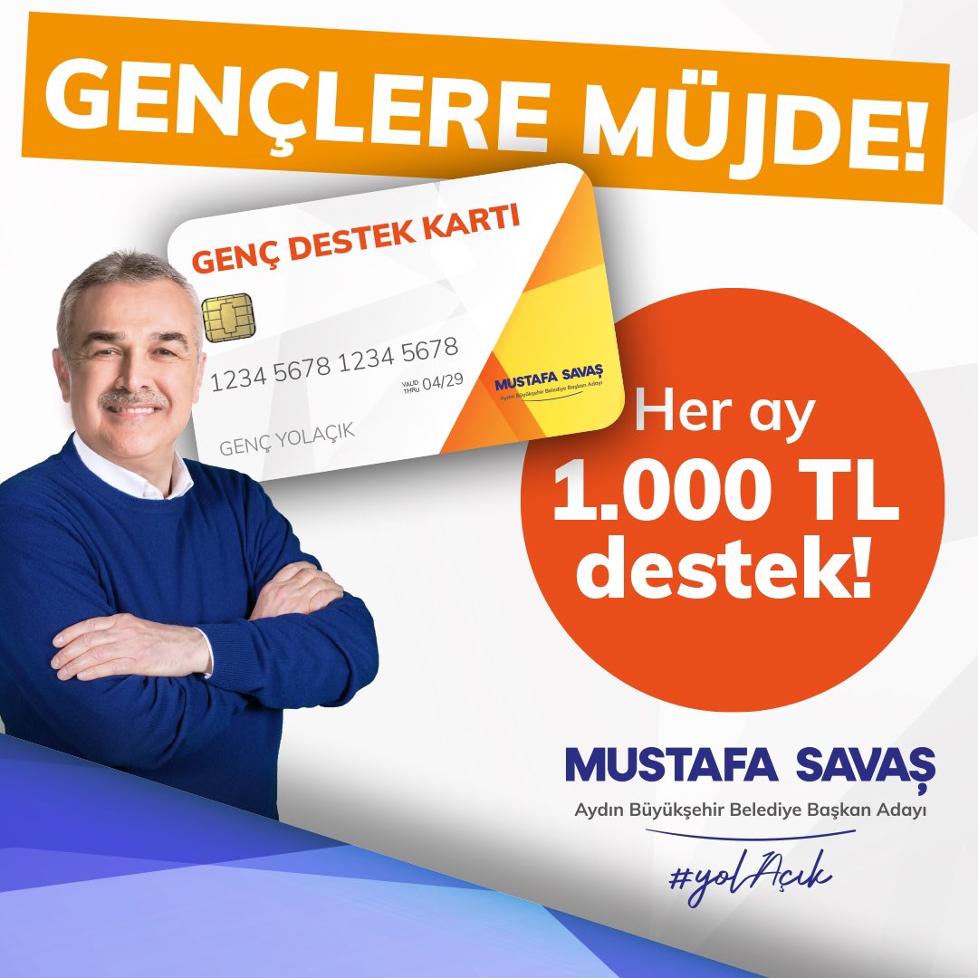 Gençlere Müjde!

Genç Destek Kartı’mızla her ay üniversiteli gençlerimize 1.000 TL destek veriyoruz.

Aydın için #yolAcik