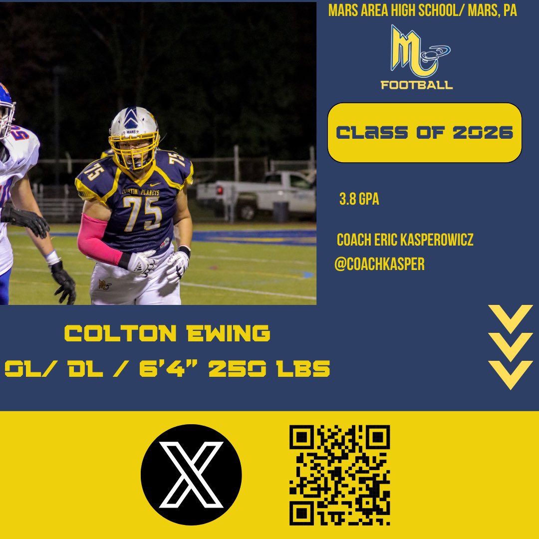 MarsHSFootball's tweet image. All eyes on the…Class of 2026
OL/DL @colton75ewing 
#MarsMade 

👽🏈💪#WT2         👀👇