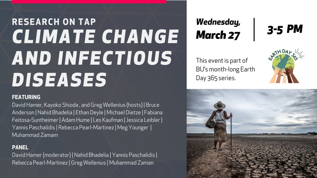 Register for 3/27 Research on Tap: Climate Change and Infectious Diseases, hosted by @BostonUResearch. Hear from @Enviro_Rebecca, plus affiliates @gwellenius, @JessicaLeibler, @mcdietze,  & more. spr.ly/6014ksUMI