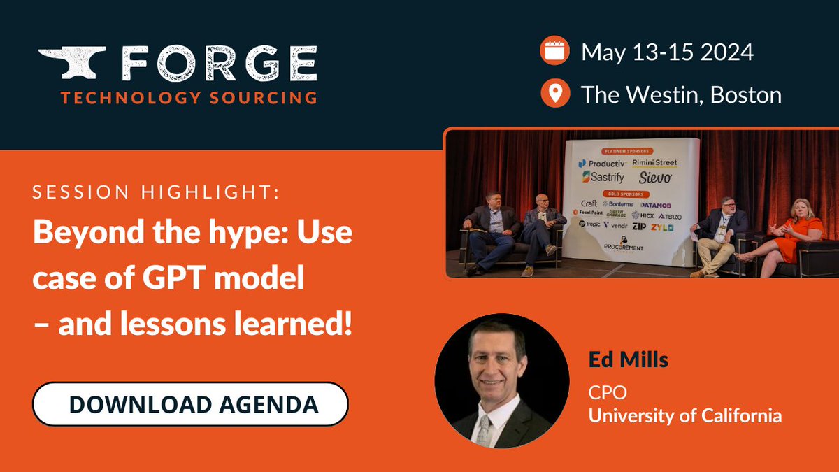 We're thrilled to welcome Ed Mills to #ForgeTech24 as he talks us through the @UofCalifornia use case of the #ChatGPT model for its own internal purposes from demo & launch to working example & lessons learned! Download agenda to learn more: hubs.li/Q02qphgr0 #AI