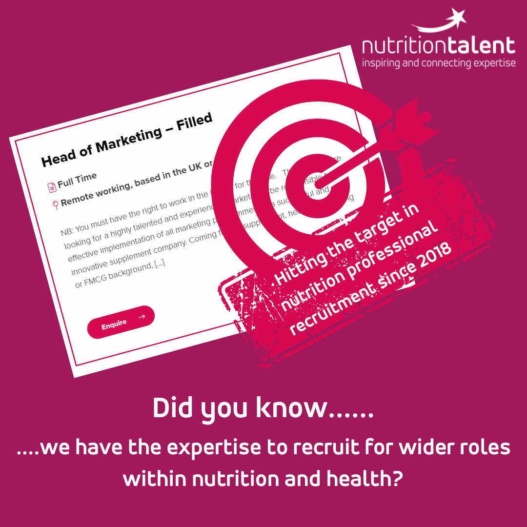 🎯We have filled a high-level marketing role for a supplement company using our wide networks and head-hunting approach.

We can do the same for you!

📲Contact us with your recruitment needs – nutritiontalent.com/recruitment-an…

#nutritiontalent #nutritionconsultancy #nutritionrecruitment