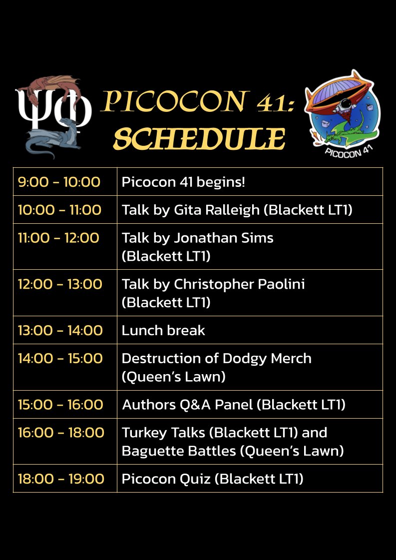 Here is the schedule for Picocon 41! 🤗 Remember that tickets are still available on the Union shop if you would like to come tomorrow. We will also have merch and tickets available on the day!